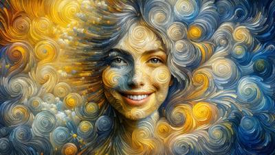 The primary subject of the image is a woman with long hair, who is smiling and posing for the camera. She is the main focus of the image. The setting is a colorful, swirling background that adds a vibrant and lively atmosphere to the scene. The visual style is a combination of digital art and illustration, creating a unique and artistic representation of the woman. The colors and mood of the image are predominantly warm and cheerful, with the woman's smile and the swirling
